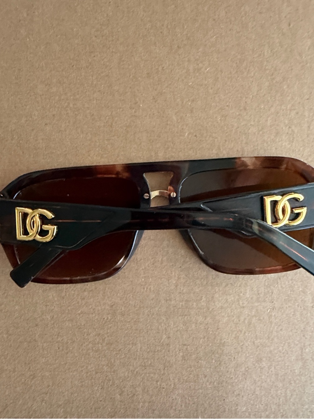 Dolce & Gabbana Brown Tortoiseshell Rectangle Sunglasses with Gold DG Emblems